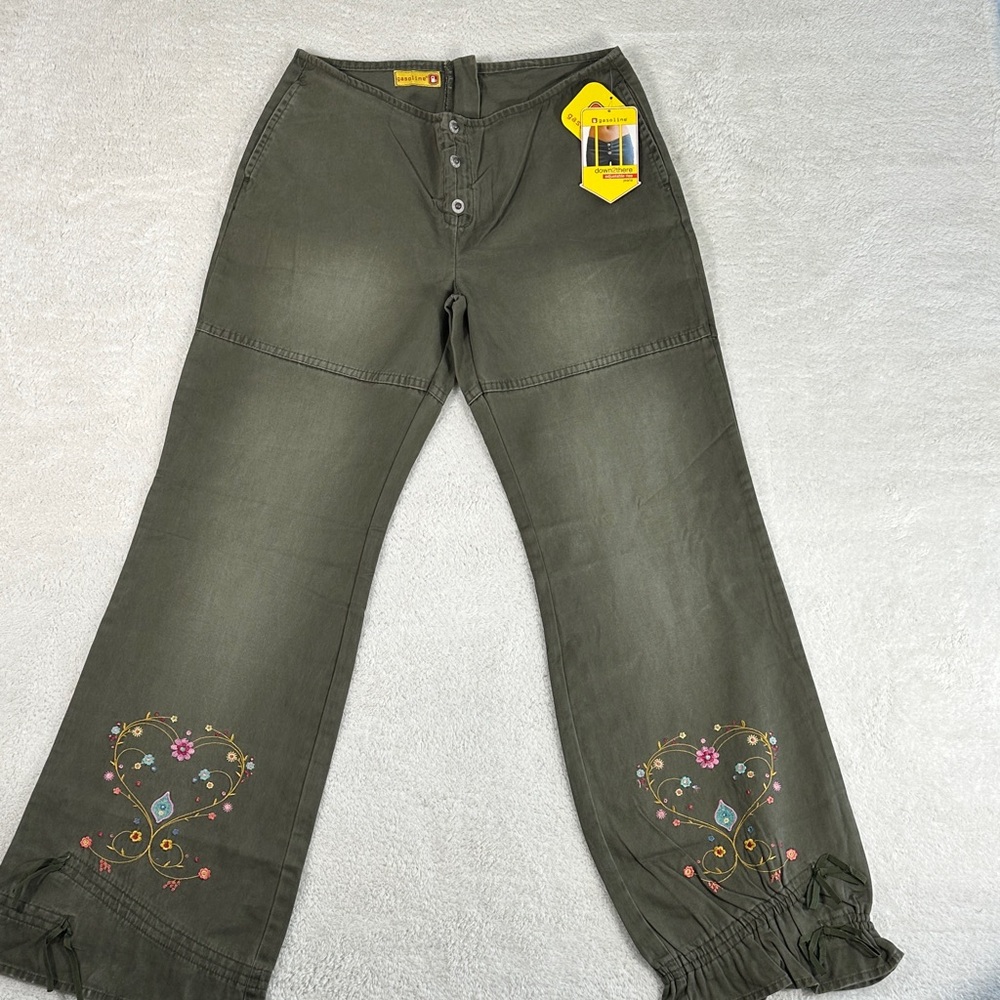 Gasoline Pants 9 Embroidered Olive Grn adjustable rise & legs back zipper